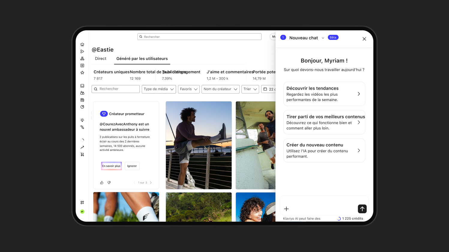 A tablet displays a content management platform dashboard featuring user-generated content, creator statistics, and an AI chat assistant window.