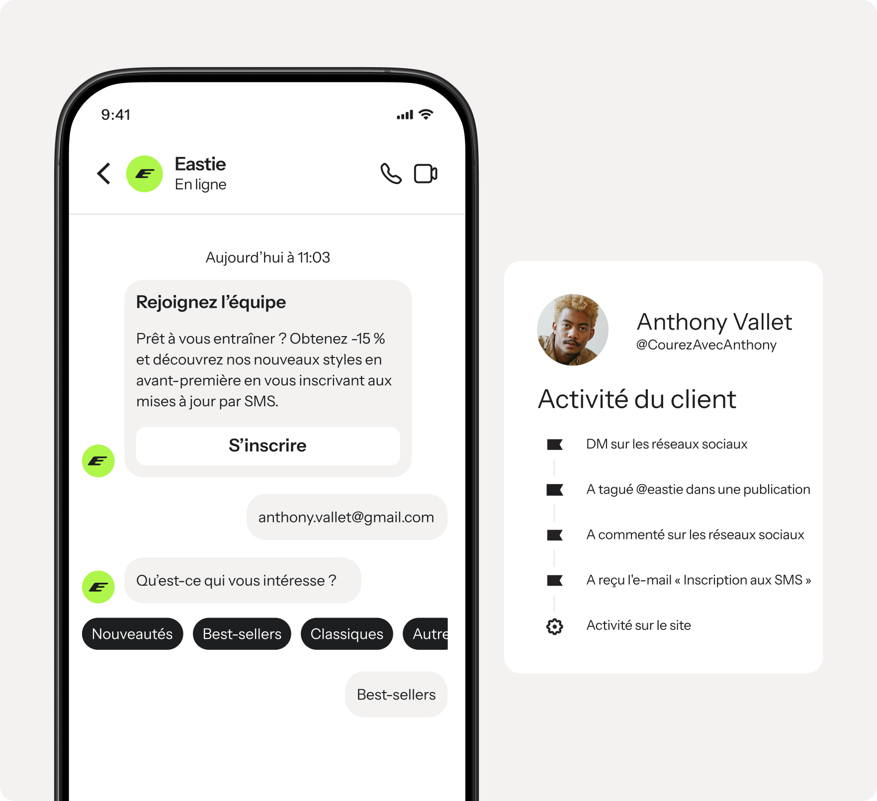 A mobile phone displays a chat conversation with "Eastie" offering a discount and asking for product preferences, next to a "Client Activity" card for Anthony Vallet showing his engagement history.