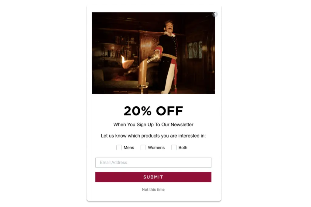 Screenshot di un modulo d'iscrizione alla newsletter via e-mail per Wilkinson Sword