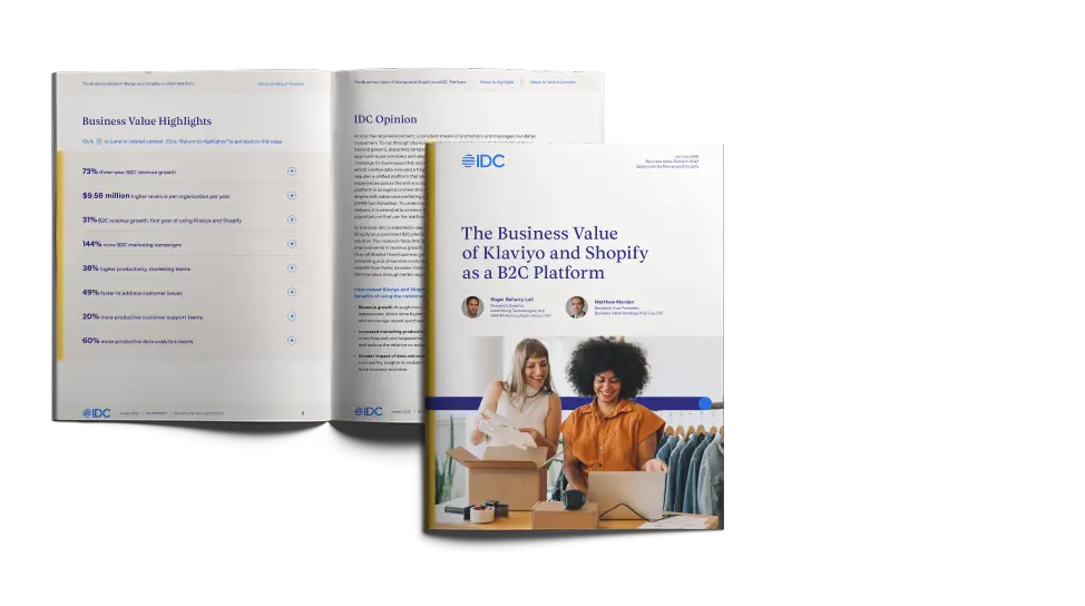 IDC report cover titled "The Business Value of Klaviyo and Shopify as a B2C Platform" with two people smiling.