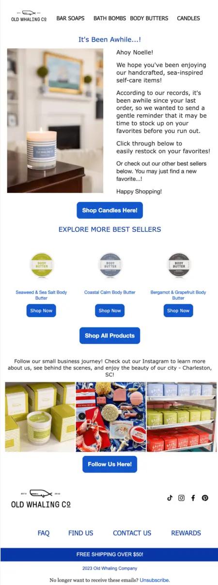Image shows a replenishment email from Old Whaling Company