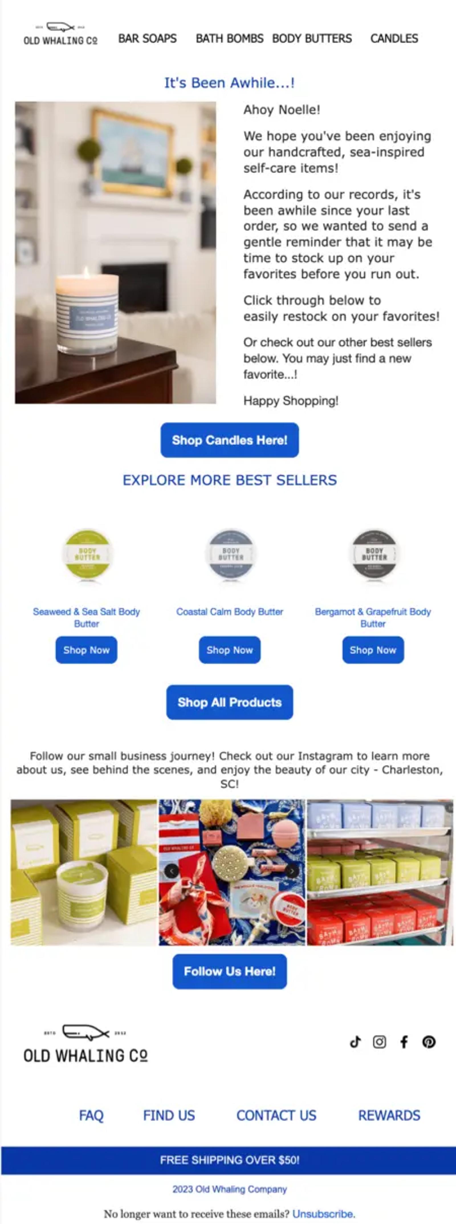 Image shows a replenishment email from Old Whaling Company