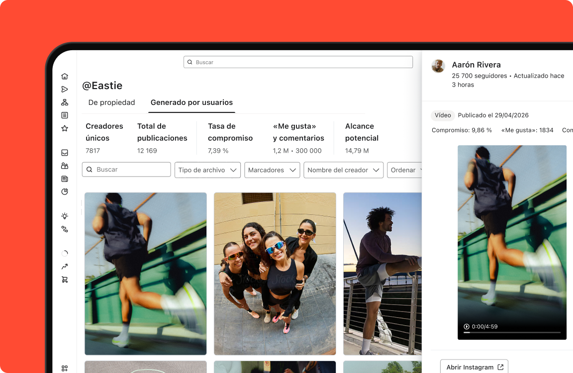 A social media dashboard for user-generated content, displaying engagement metrics, filters, and a grid of various posts, with a detailed video of a runner on the right.