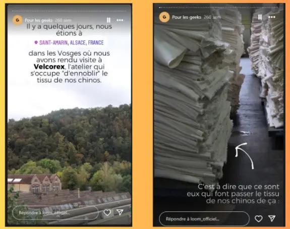 Stories Instagram de Loom filmées dans les Vosges, montrant la visite d’un atelier textile et les piles de tissus avant transformation. Exemple de contenu authentique idéal pour renforcer la confiance pendant les soldes d’hiver.
