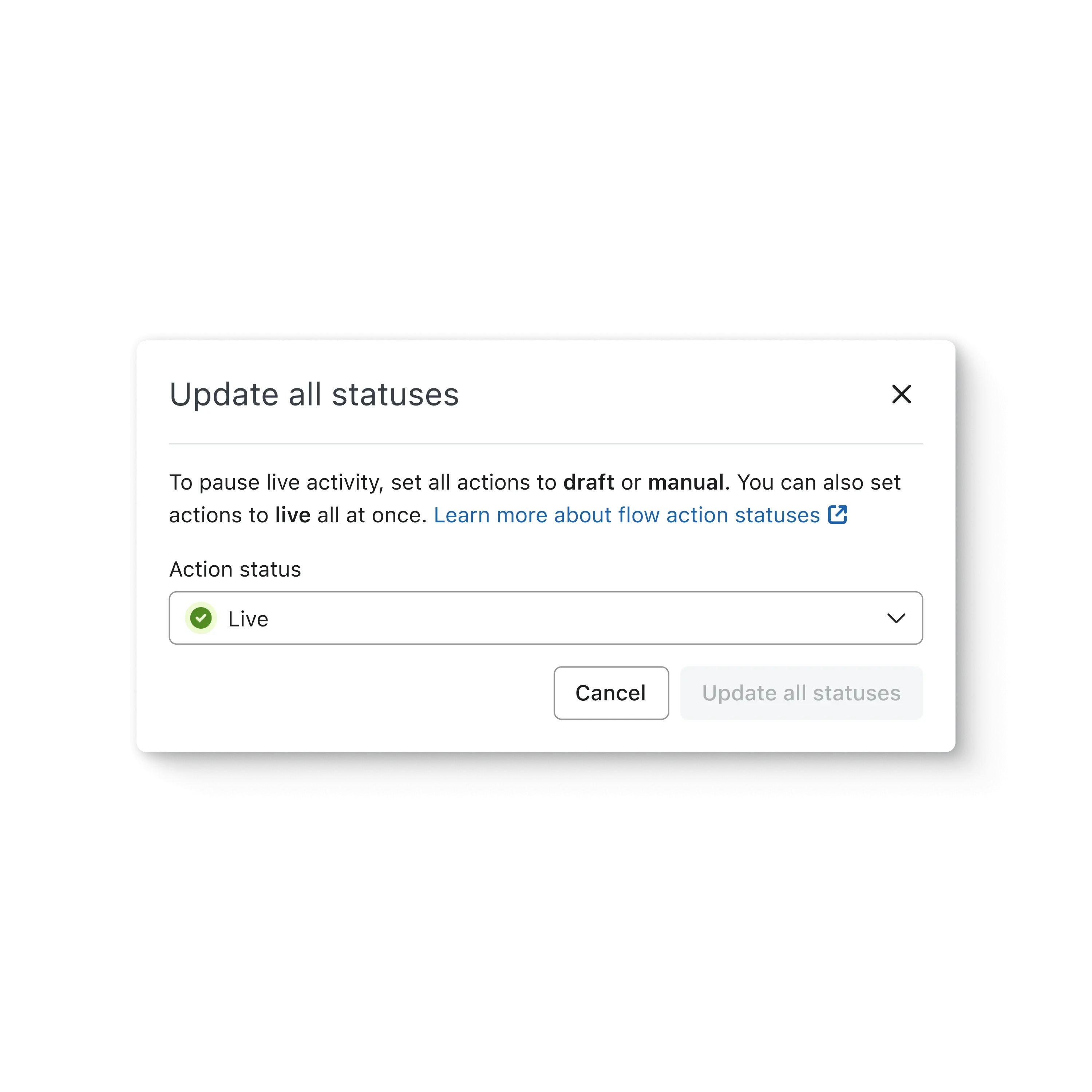 Klaviyo flow builder option to bulk-update flow statuses: a dropdown shows “live” status, and buttons to cancel or update all statuses.