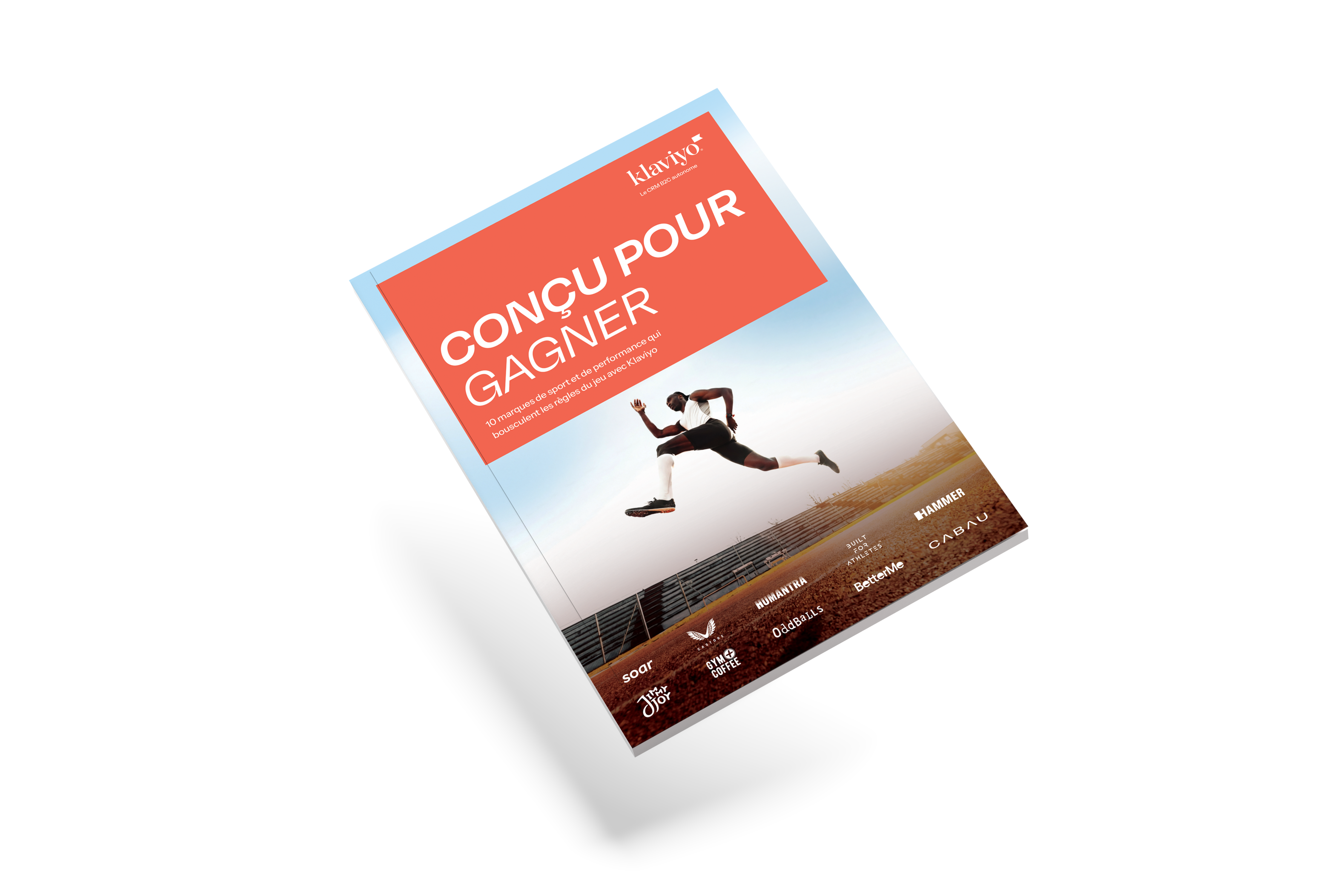 Brochure cover titled "Conçu pour Gagner" (Designed to Win) with the Klaviyo logo and an image of a runner leaping.