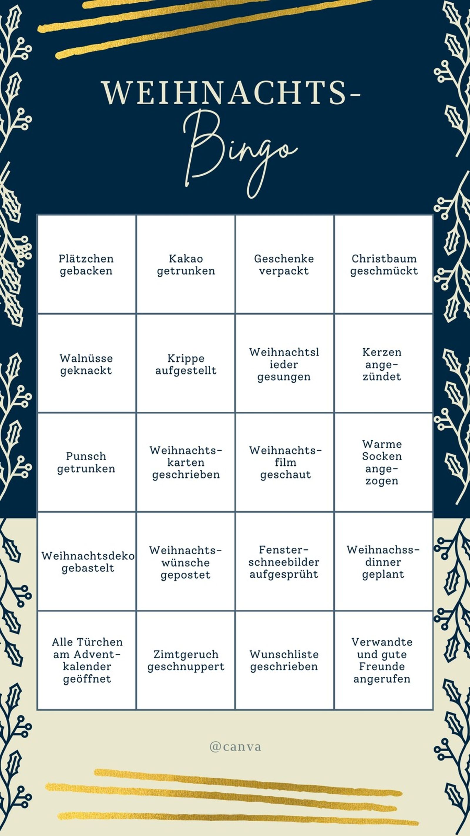 Ein dunkelblaues Weihnachts-Bingo mit goldenen Akzenten und weißer Stechpalme, bestehend aus 20 Quadraten mit weihnachtlichen Aktivitäten auf Deutsch.