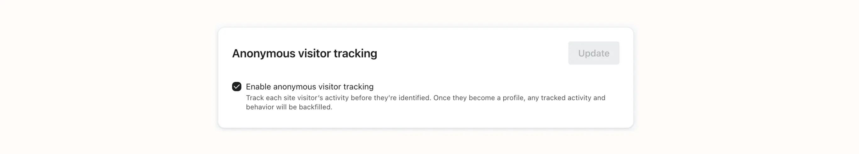 Aktivierte Option für anonymes Besucher-Tracking mit Beschreibung und "Update"-Button.