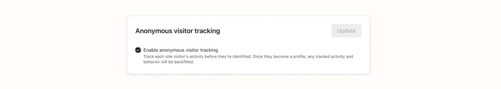 A settings card titled "Anonymous visitor tracking" with the "Enable anonymous visitor tracking" checkbox checked and an "Update" button.