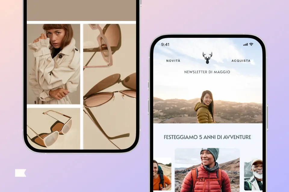Two smartphone screens: left shows a collage of a woman in a coat and sunglasses; right displays an outdoor-themed newsletter in Italian.