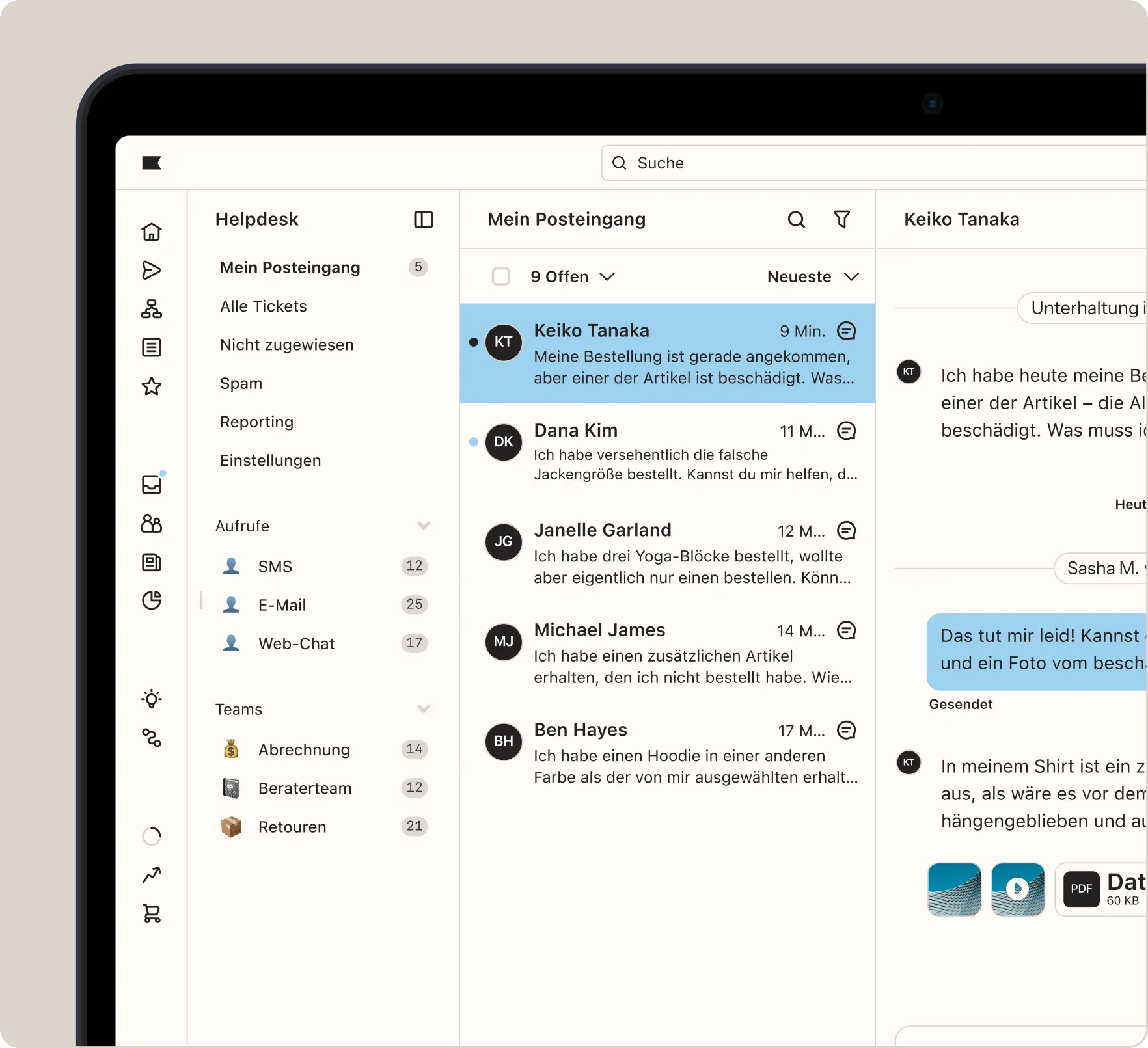 Benutzeroberfläche eines Helpdesk-Systems mit einer Liste von Nachrichten und einer geöffneten Konversation mit Keiko Tanaka.