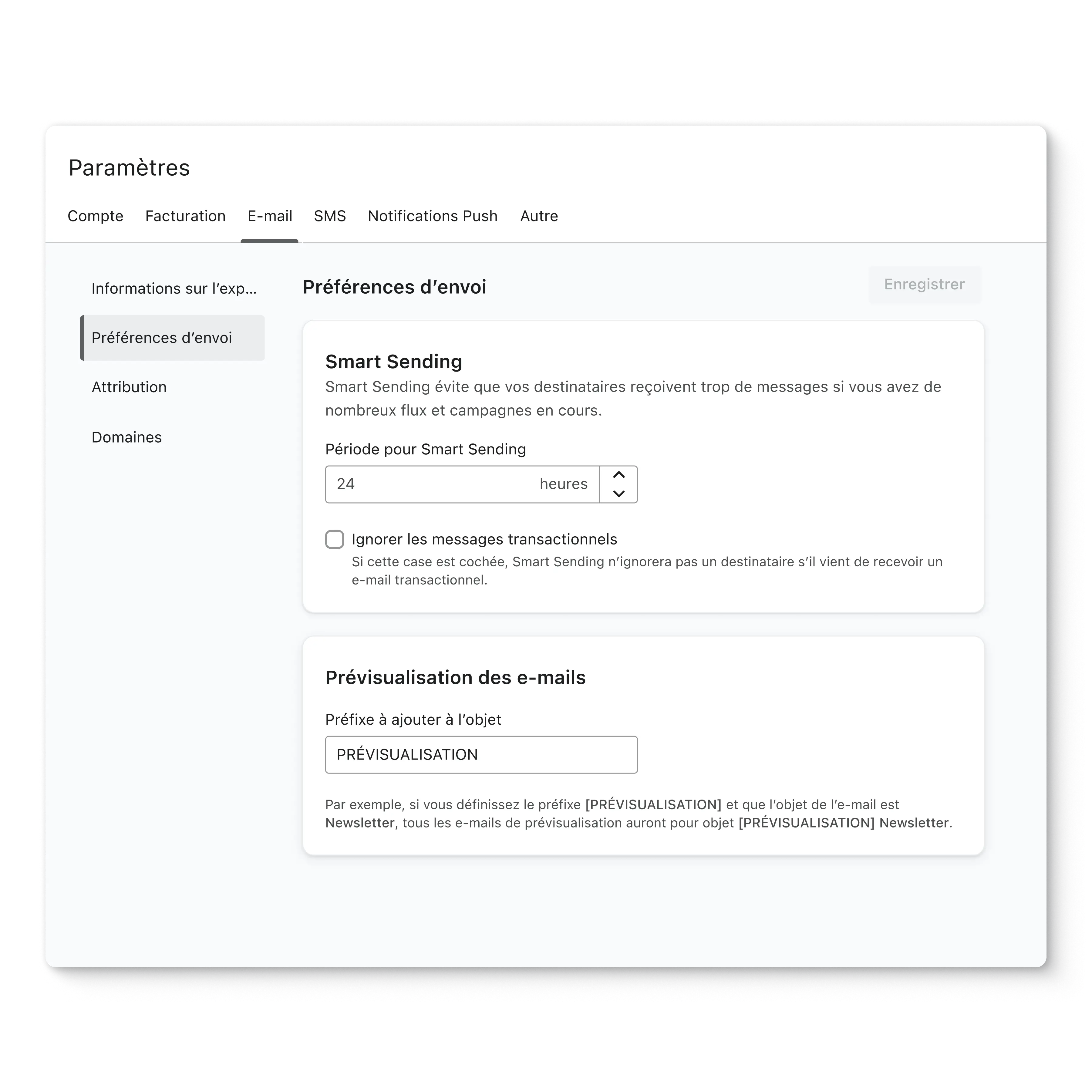 Sender preferences screen in Klaviyo, with options to adjust your smart sending period, and the subject line prefix for preview emails.