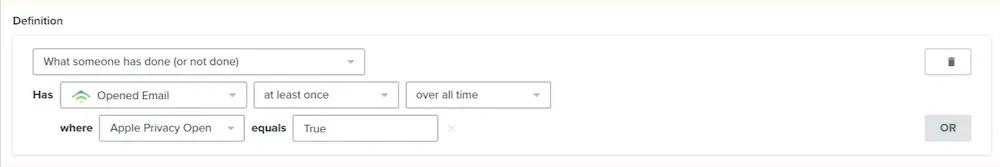 Image shows the first step of segmenting out Apple privacy opens in Klaviyo