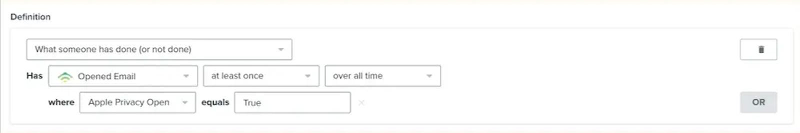 Image shows the first step of segmenting out Apple privacy opens in Klaviyo