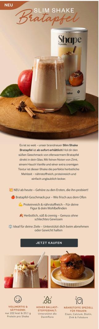 Shape Republic Newsletter mit der Produktvorstellung „Slim Shake Bratapfel“. Zu sehen sind ein Glas mit Bratapfel-Shake, ein Apfel, Zimtstangen und die Slim-Shake-Verpackung. Das Bild bewirbt den neuen Geschmack sowie die Vorteile proteinreich, sättigend und ideal zur Gewichtskontrolle.