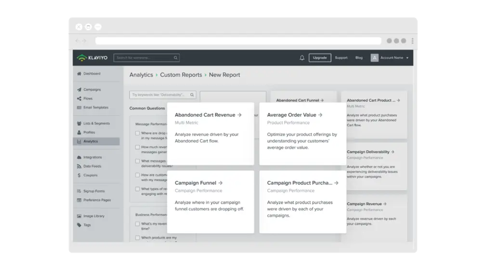An illustration screenshot of the page where you select a new custom report in Klaviyo.