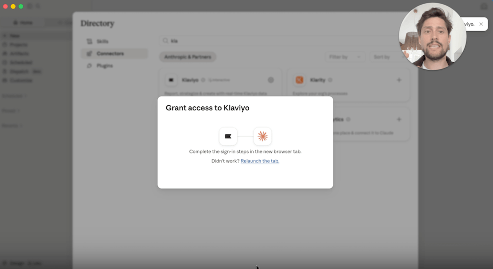Screenshot of Claude's Connectors directory under Anthropic & Partners, with a "Grant access to Klaviyo" modal open showing the Claude and Klaviyo logos linked together, along with instructions to complete sign-in in a new browser tab.