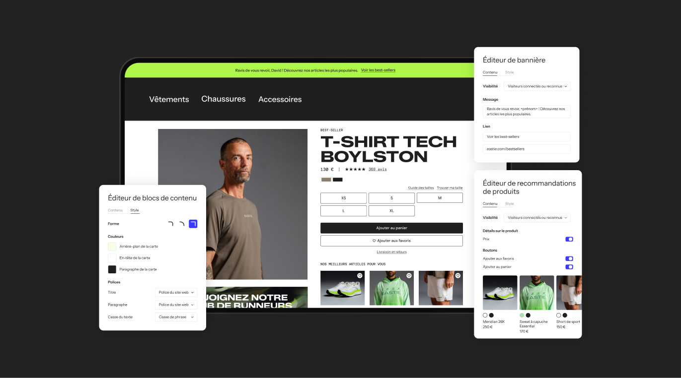 Website builder interface showing an e-commerce product page for a tech t-shirt with overlaid content and design editor panels.