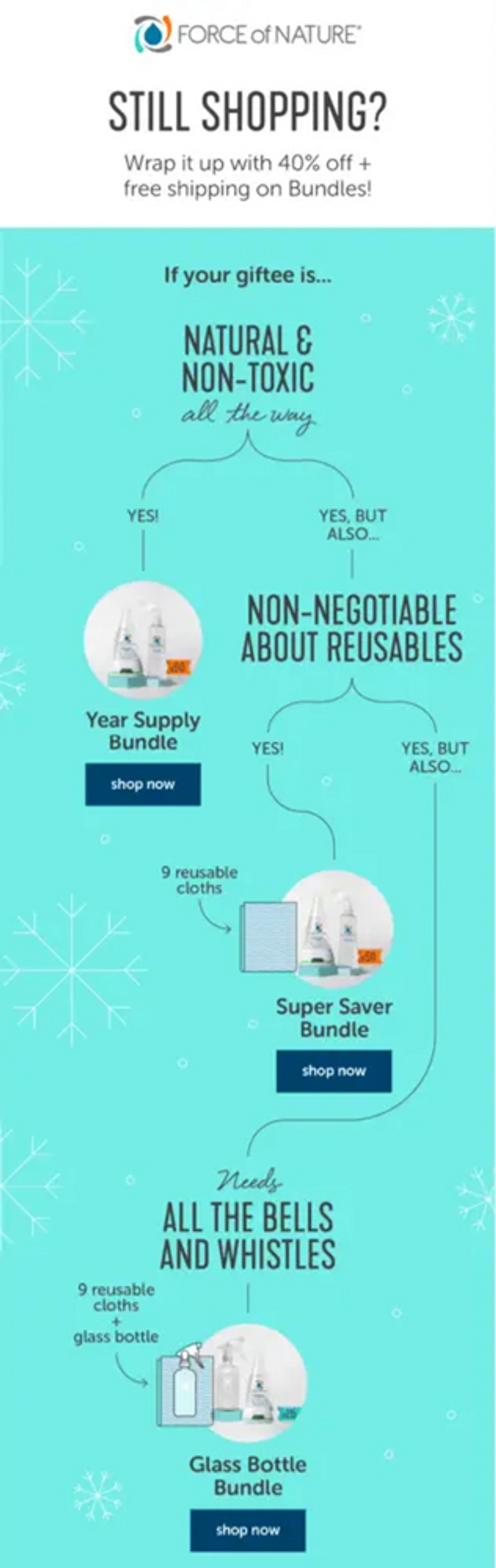 Image shows an email with a light blue background that features a decision tree as its main image. Along the decision tree are images of various products, mostly clear spray and pump bottles. Beside two of the images are illustrations of a reusable cloth and a spray bottle, to indicate bundled items. Underneath the decision tree is a navy CTA that says, “shop now.”