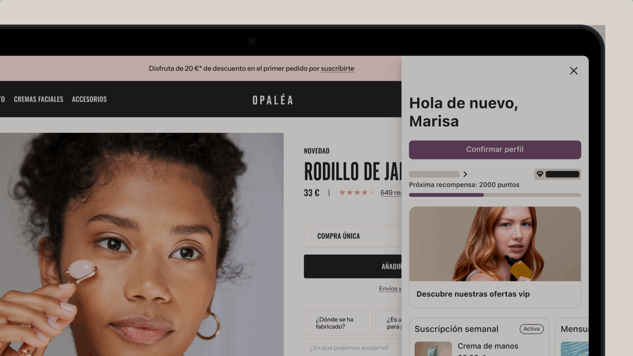 Pantalla de una tienda online de belleza, mostrando un rodillo de jade y un saludo personalizado a "Marisa".