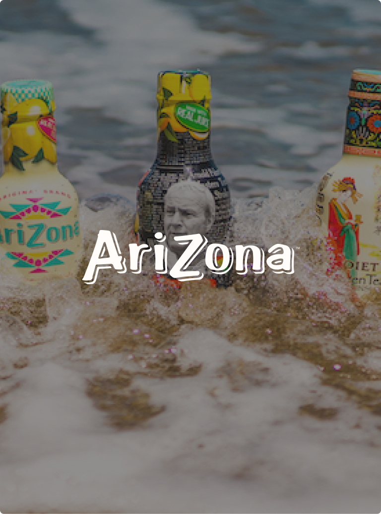 3 different bottles of Arizona iced tea half-submerged in water, overlaid with the Arizona logo.