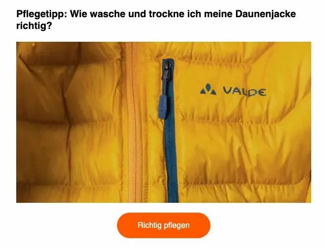 Gelbe Daunenjacke von Vaude mit Reißverschluss, Text: "Pflegetipp: Wie wasche und trockne ich meine Daunenjacke richtig?" und Button "Richtig pflegen".