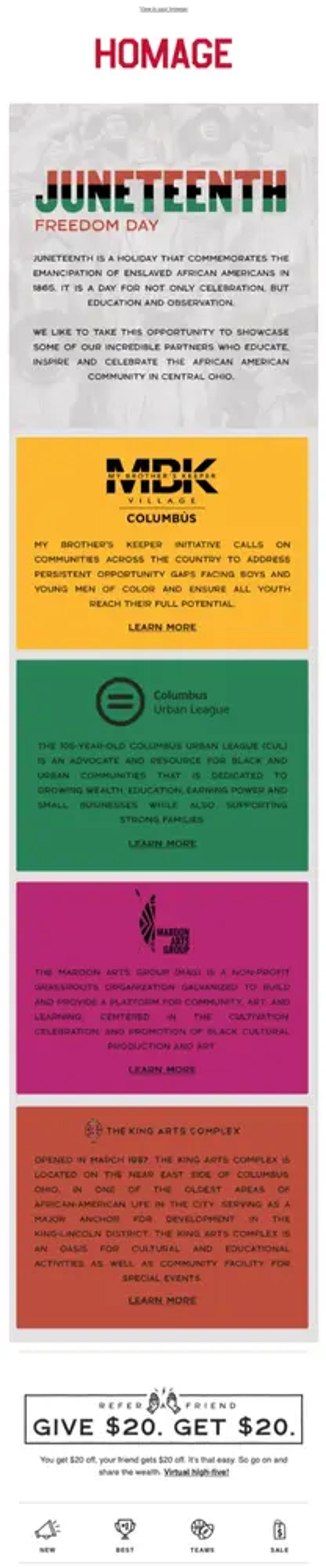 A text-heavy email with panels of various colors, from yellow, green, purple, and red, in descending order. At the bottom is a call to refer a friend, with copy that reads, “Give $20. Get $20.”