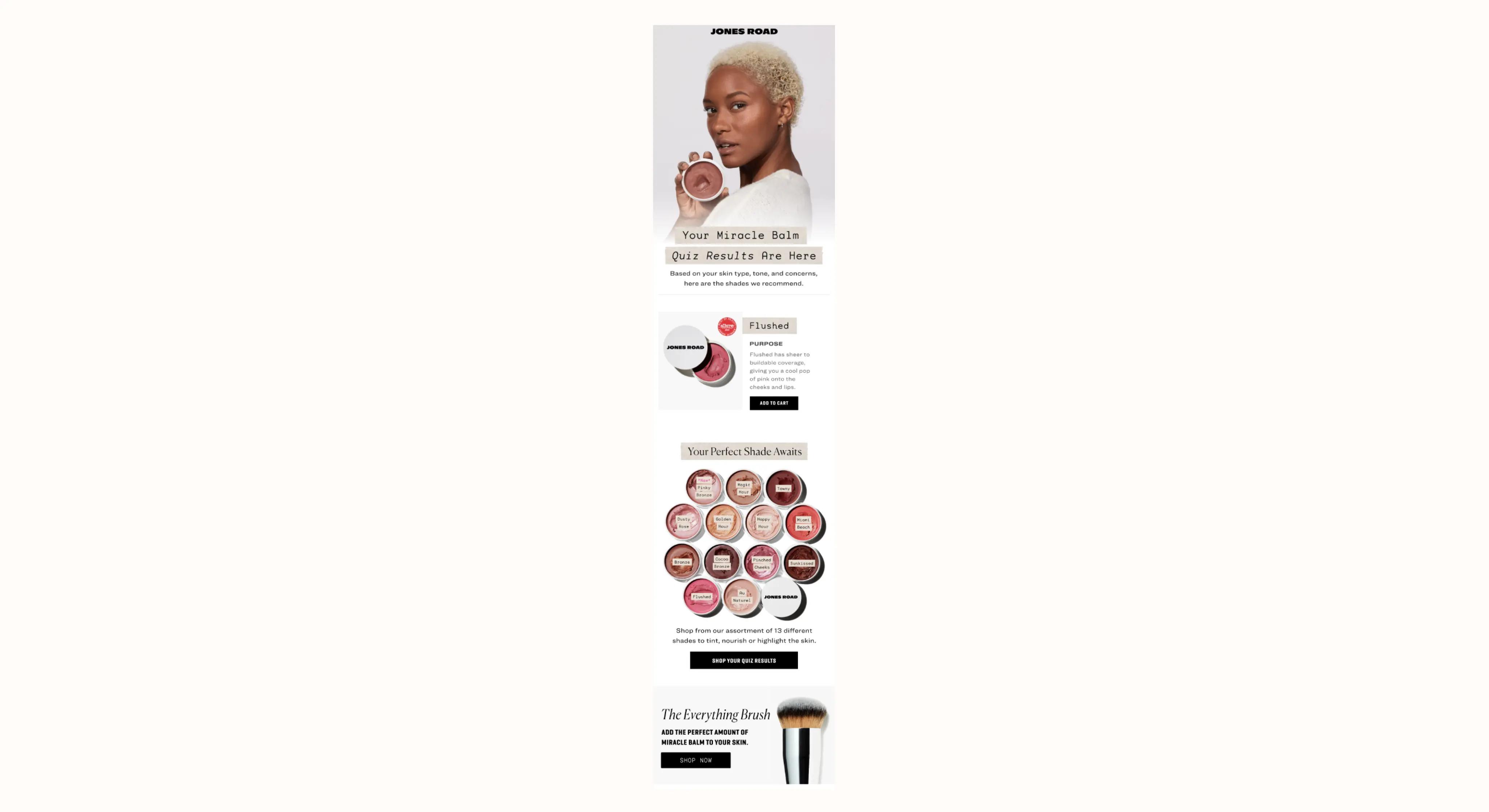 Image shows ecommerce quiz results in the form of an email from beauty brand Jones Road Beauty. The email is titled “Your Miracle Balm Quiz Results Are Here” and contains a round-up of products the shopper might be interested in based on their results.