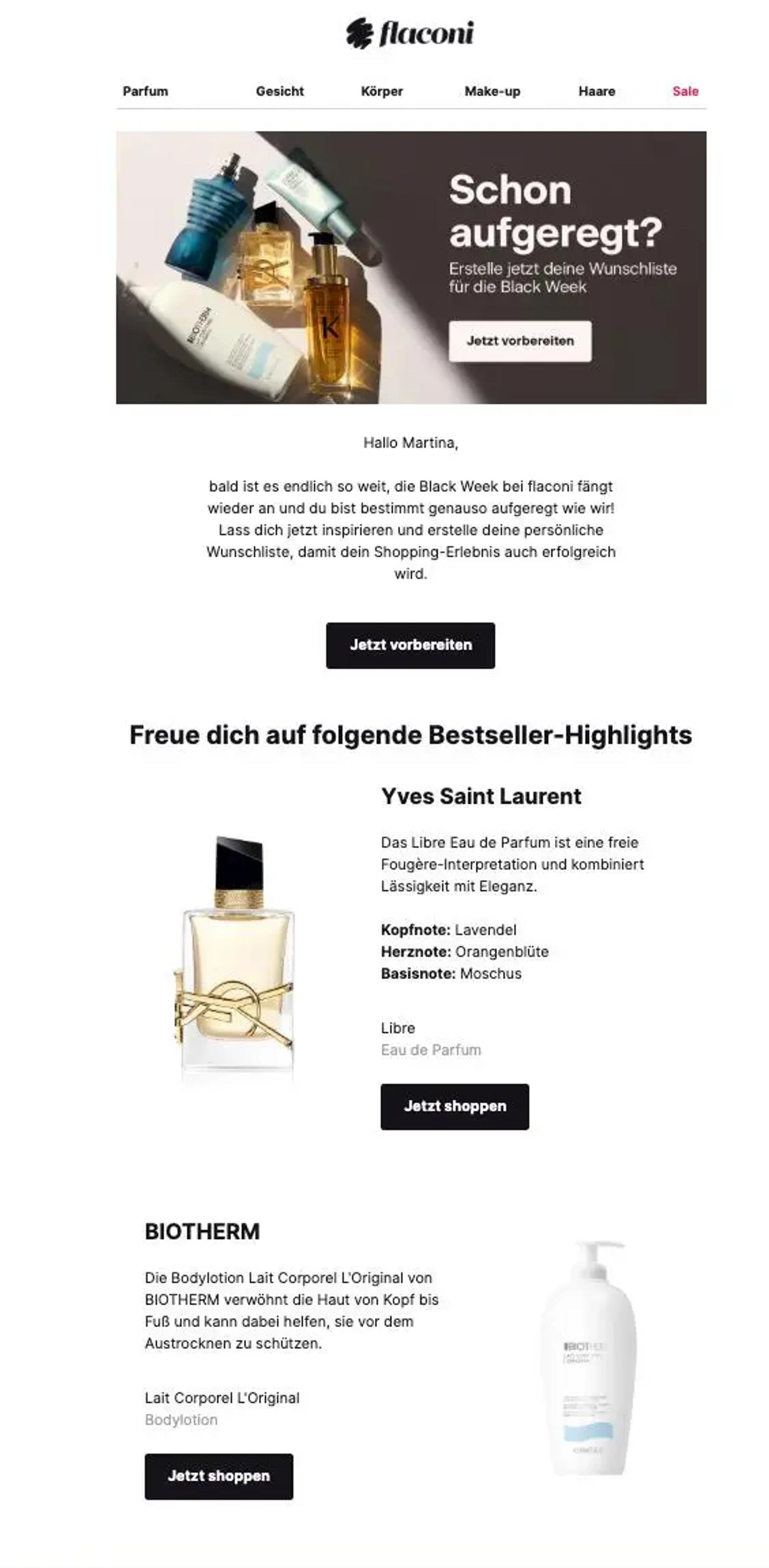 Flaconi Newsletter mit Black Friday Angeboten, Yves Saint Laurent Parfum und Biotherm Bodylotion.