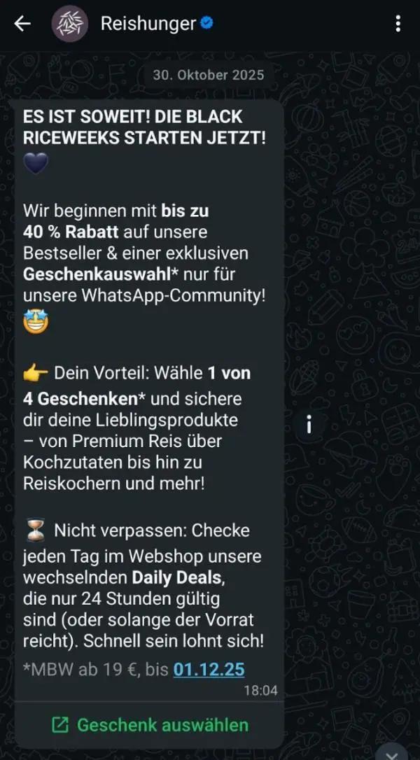 WhatsApp-Nachricht von Reishunger über Black Riceweeks mit bis zu 40 % Rabatt und exklusiven Geschenken für die Community.