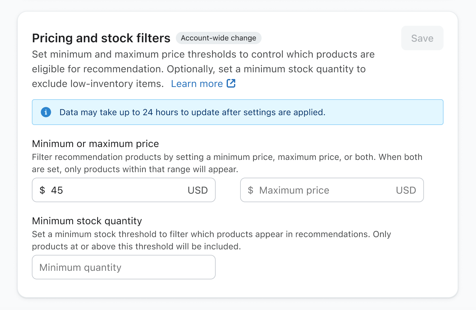 UI for "Pricing and stock filters" with minimum price set to $45.