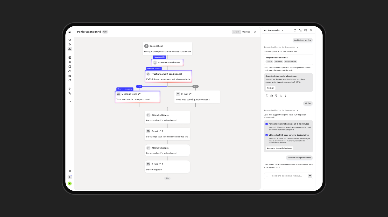 A digital tablet showing an abandoned cart workflow automation builder with a flowchart and a side panel for optimization.