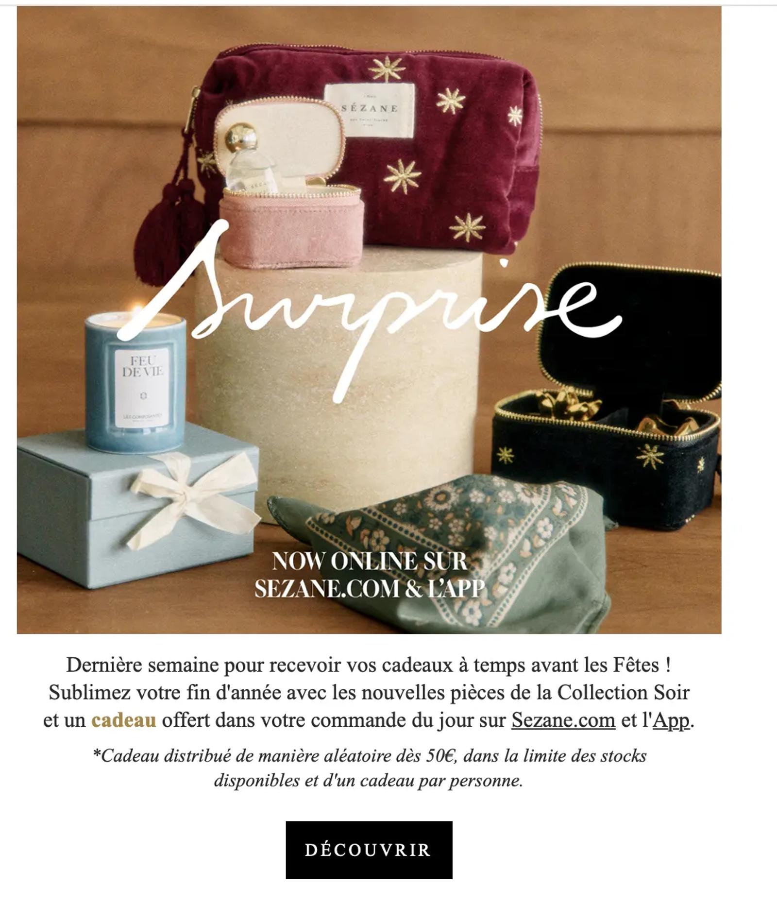 Sélection de cadeaux de la collection Sézane avec message de dernière minute pour commander à temps pour les fêtes.
