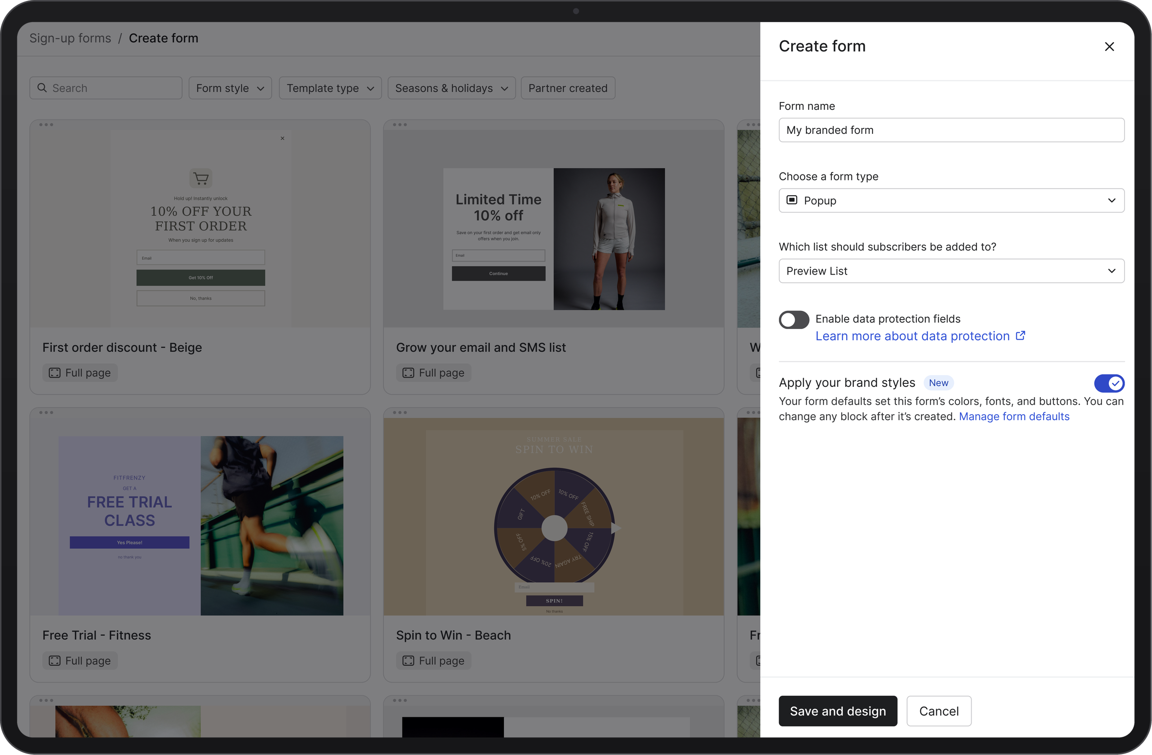 A tablet showing a sign-up form creator with templates on the left and a "Create form" modal on the right, configuring form type, list, and brand styles.