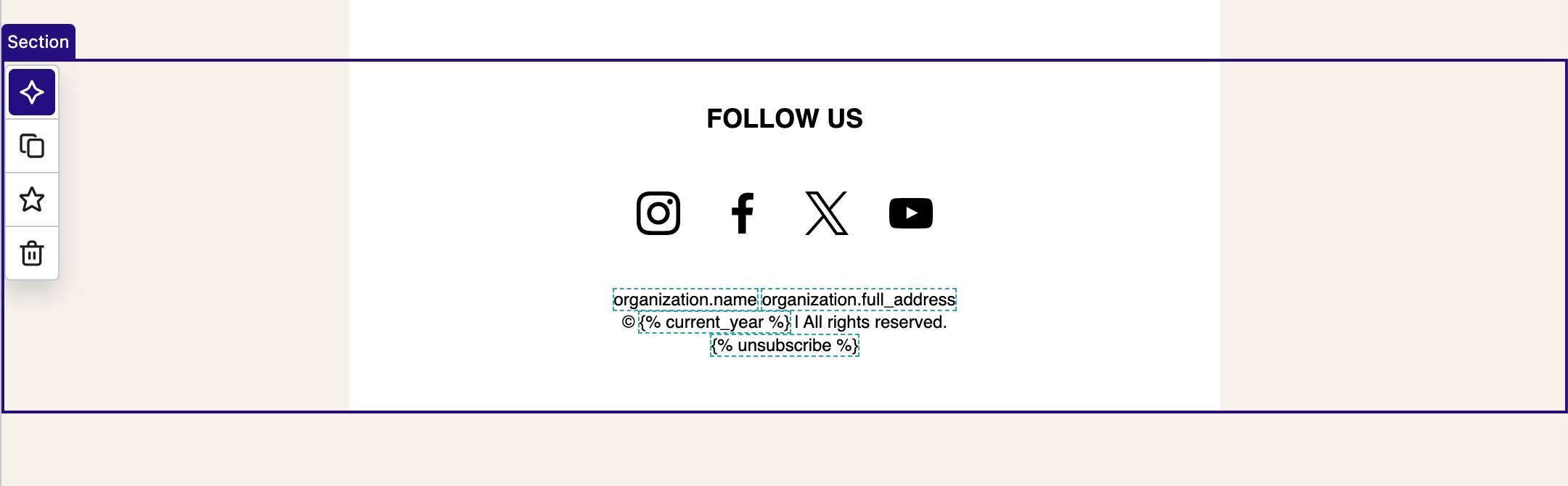 Footer section with "FOLLOW US", social media icons (Instagram, Facebook, X, YouTube), and placeholder text for organization details, copyright, and an unsubscribe link.