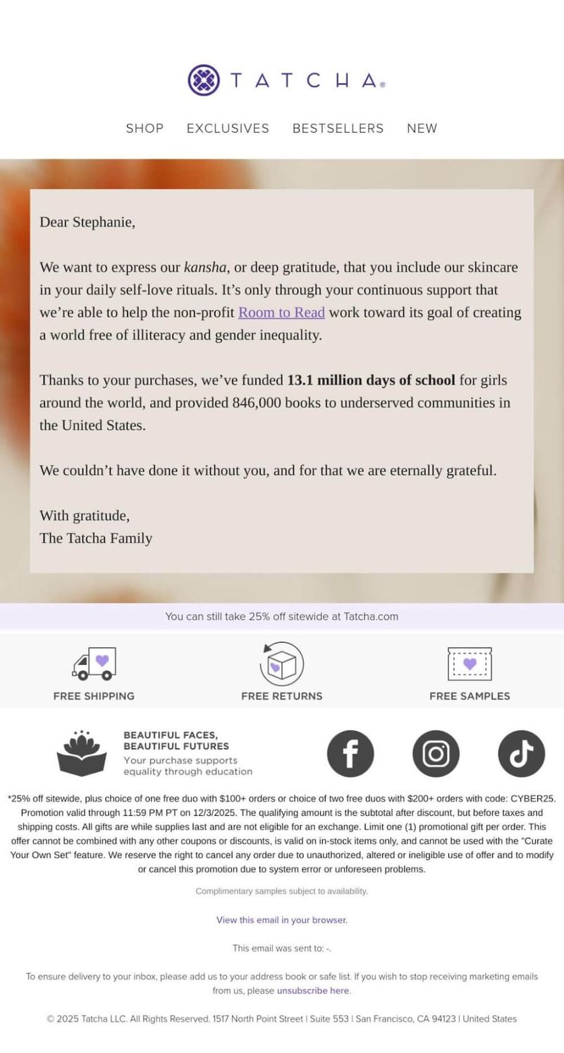 Tatcha email showing gratitude for customer support and detailing charitable contributions to Room to Read, with a promotion for 25% off sitewide.