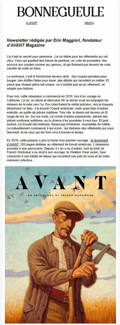 Newsletter Bonnegueule avec texte d'Eric Maggiori sur le workwear. Illustration d'un homme en tenue de travail tenant une faux.