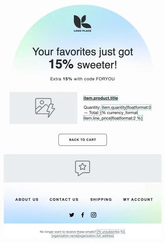 Newsletter-Vorlage mit 15% Rabattangebot und Code "FORYOU", Schaltfläche "Back to Cart", und Social-Media-Icons unten.