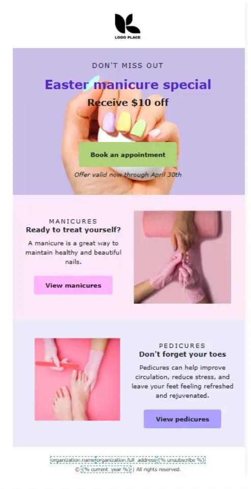 Oster-Newsletter mit Angeboten für Maniküre und Pediküre, inklusive $10 Rabatt. Enthält Bilder von Händen und Füßen bei der Pflege.