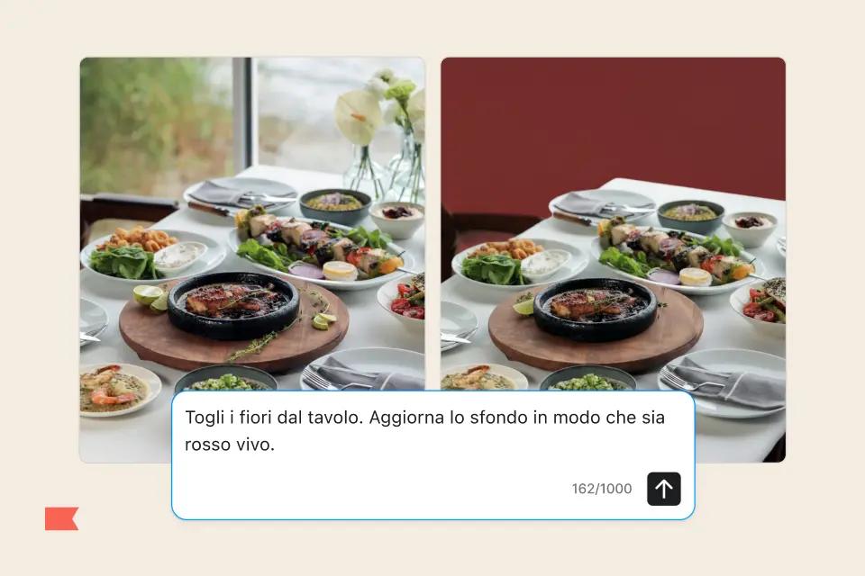 Two images of a dining table with various dishes. Left has flowers and a window view; right has a red background. Italian text below.
