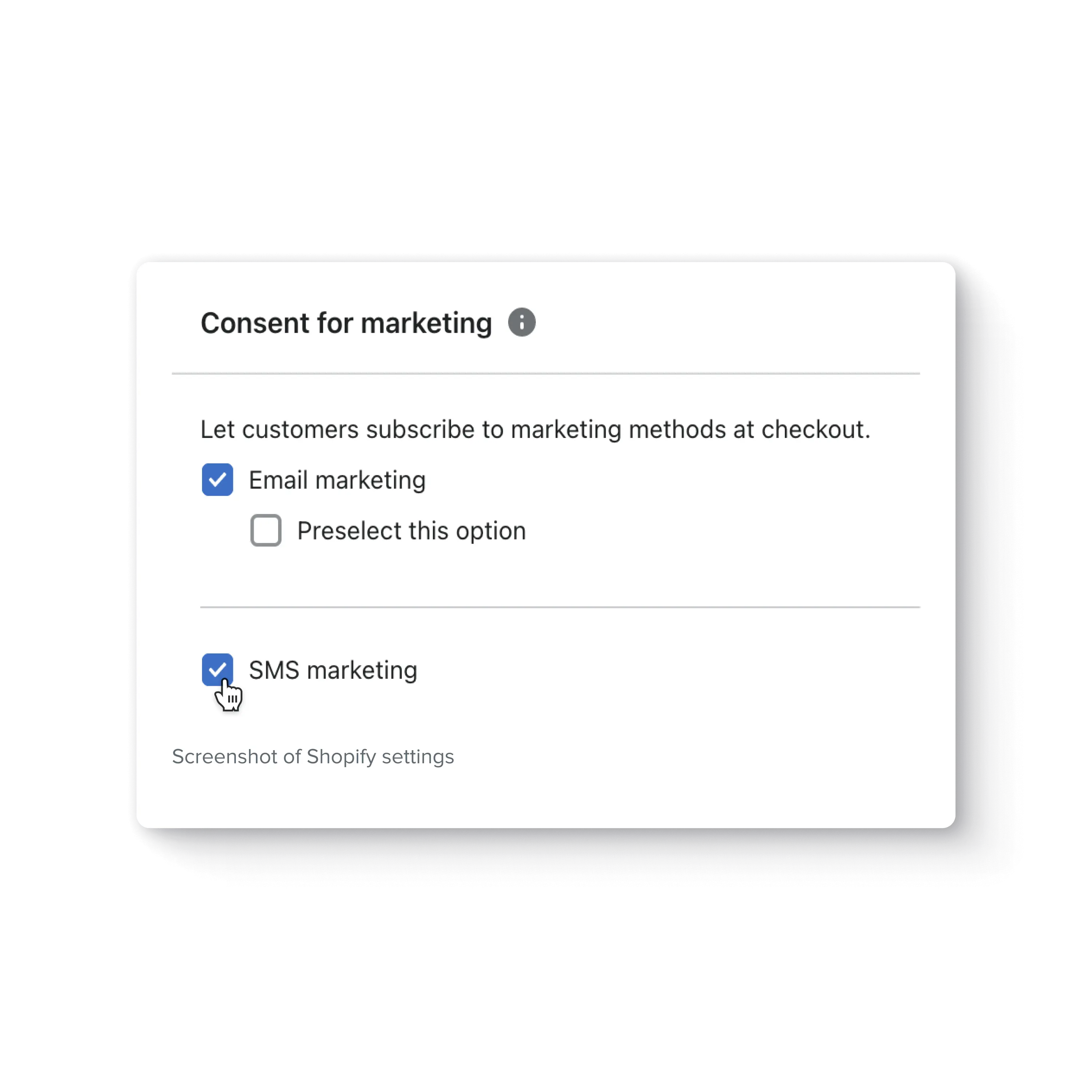 Klaviyo settings for adding marketing consent to checkout. Checkboxes for email (optionally preselected) and SMS.