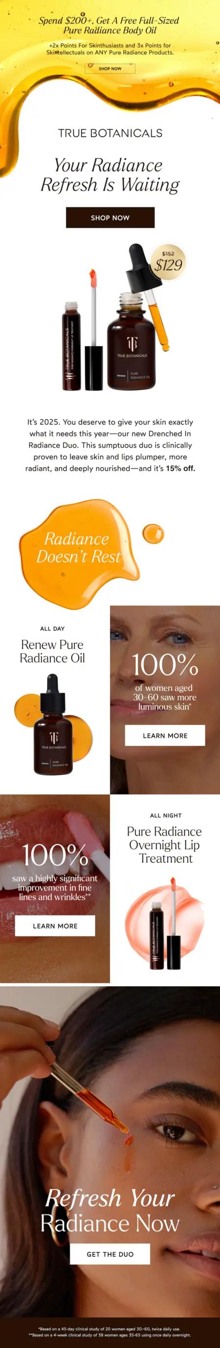 Image shows a marketing email from skincare brand True Botanicals. The design mimics the products they sell: skincare oils.