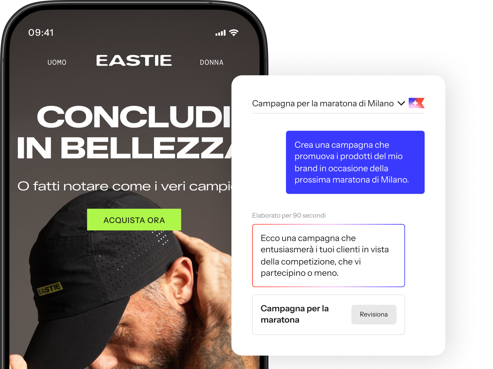 Klaviyo Composer generating a Boston Marathon campaign for Eastie, alongside a phone preview of the finished email