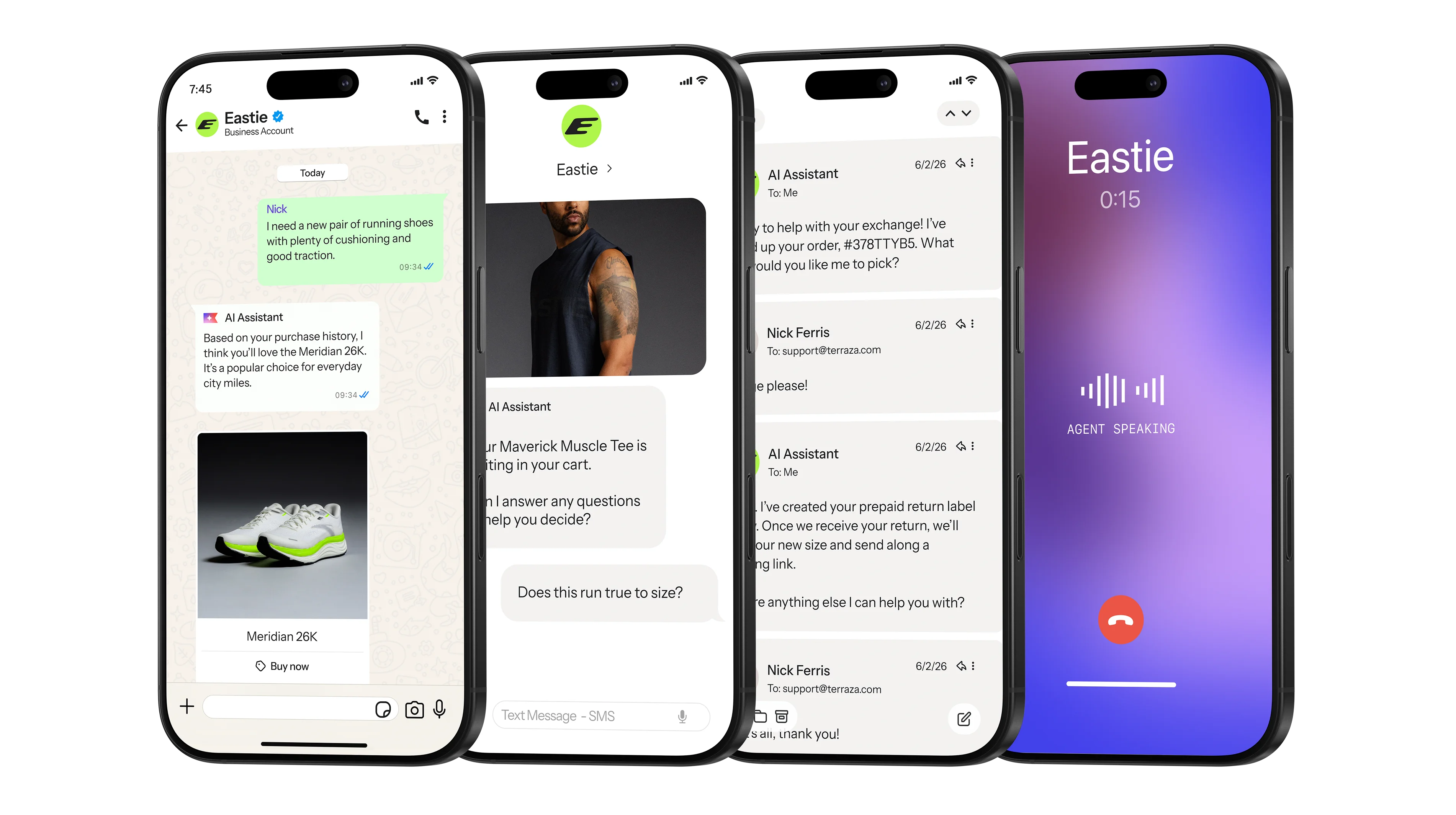 Four smartphones show Eastie AI assisting with shopping via chat, email, and a voice call.