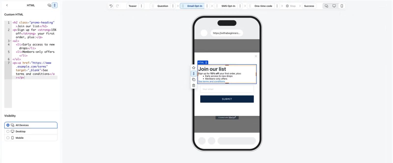 A web editor displaying HTML code for an email opt-in form and its mobile preview.