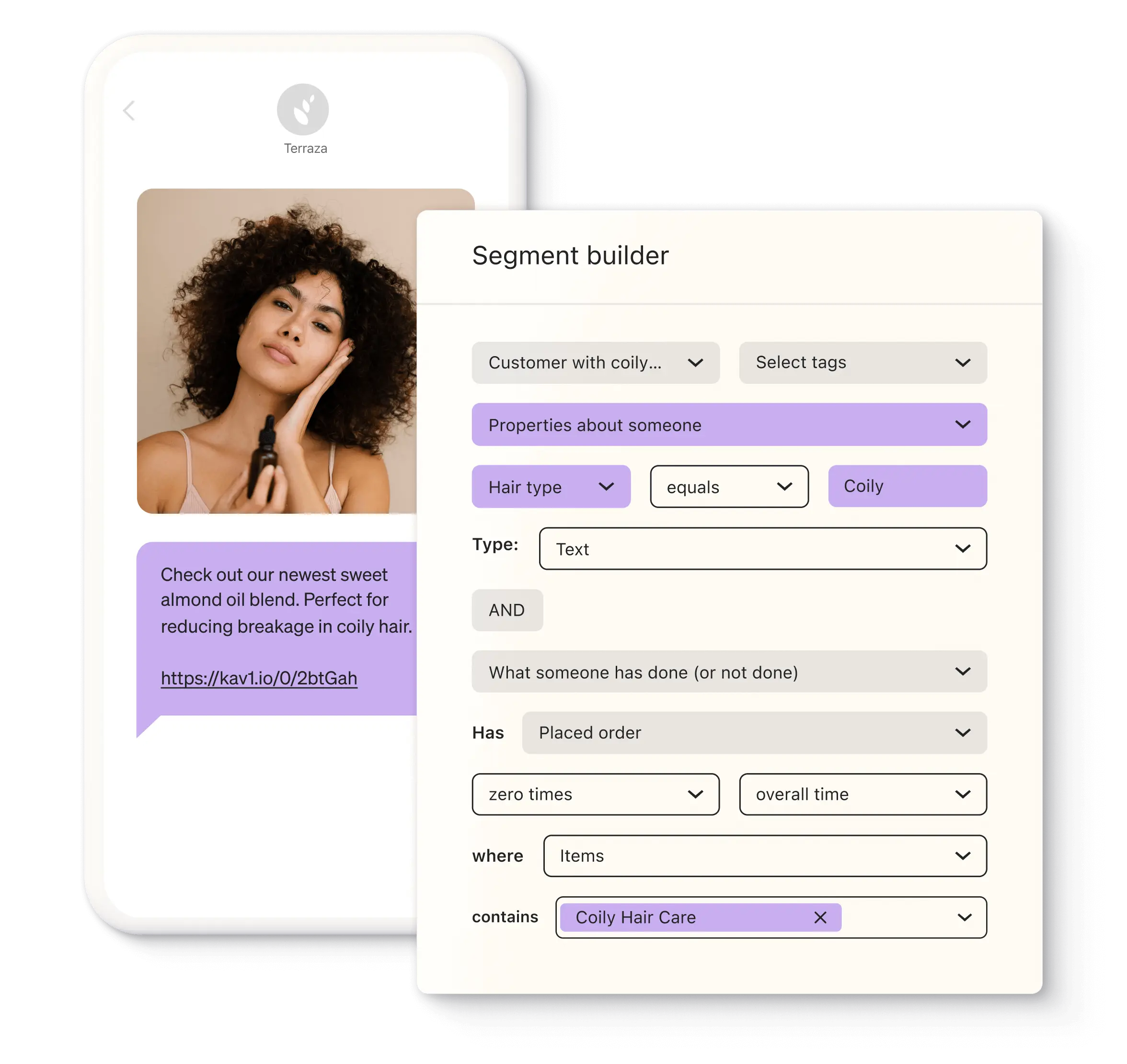 Image illustrant la création d’un segment basé sur le type de cheveux des clients dans Klaviyo, avec à gauche un smartphone affichant un SMS annonçant un nouveau produit pour cheveux crépus
