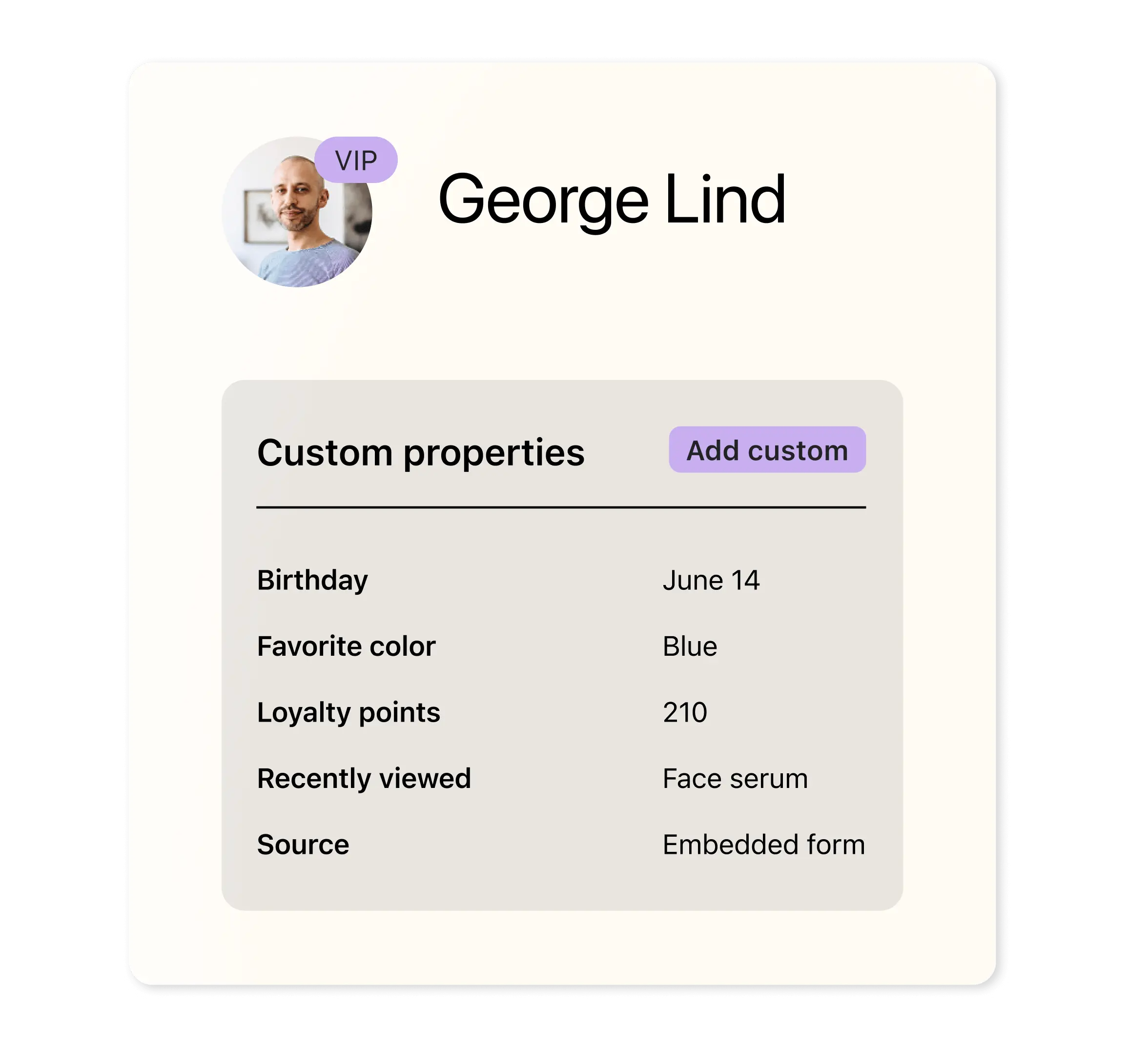Customer profile showing various custom properties: birthday, favorite color, number of loyalty points, recently viewed product, and source.