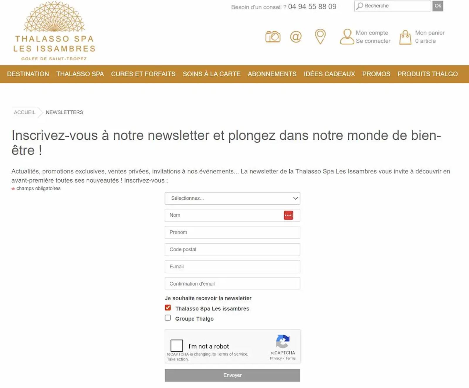 Formulaire d'inscription à la newsletter du Thalasso Spa Les Issambres, avec champs pour nom, prénom, code postal et email.