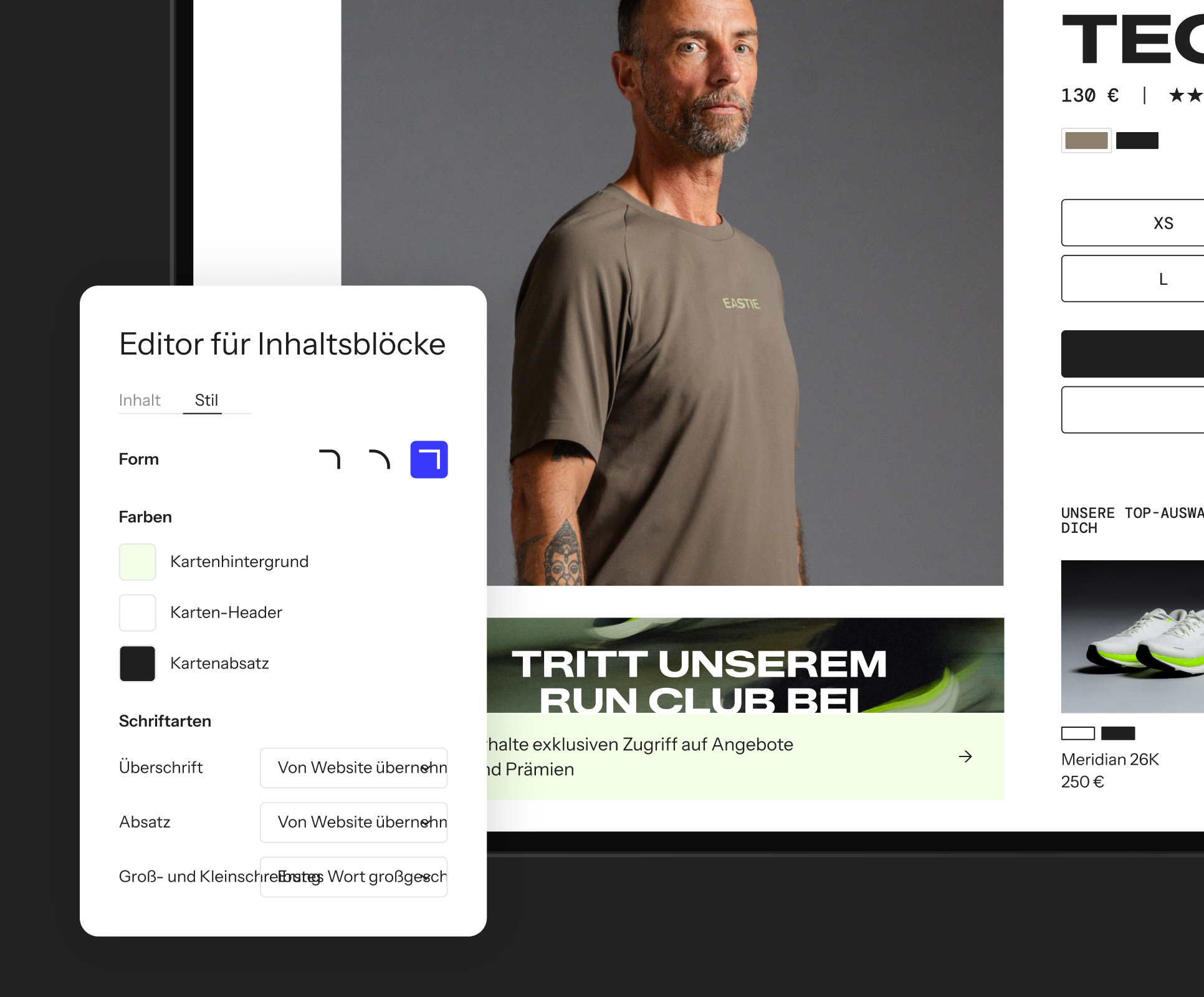 A German content block style editor customizing colors and fonts on a website product page.