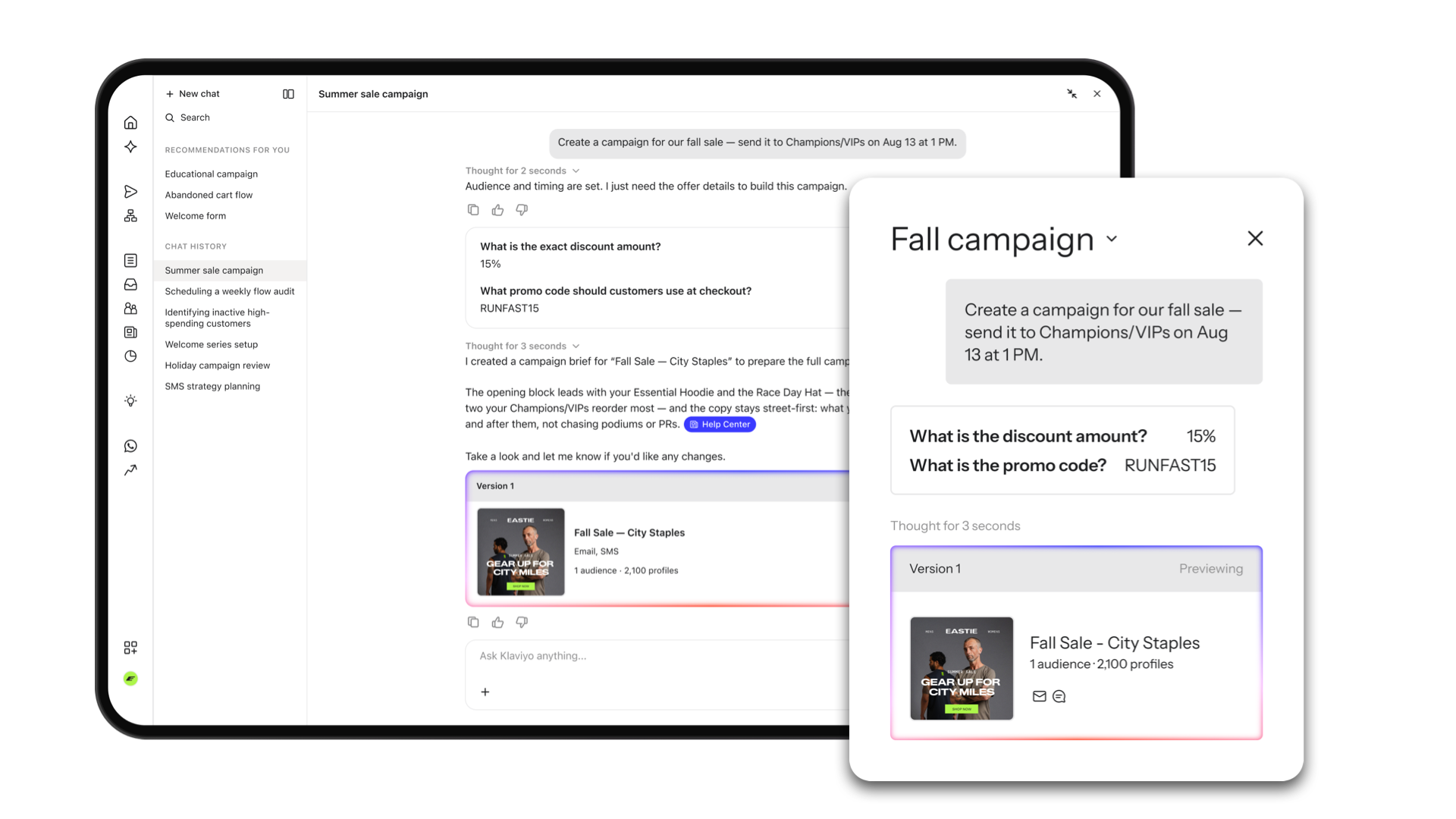 AI marketing assistant generating campaign details, including discounts, promo codes, and content previews for summer and fall sales.